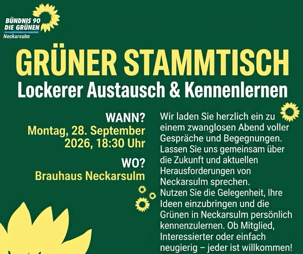 Sharepic Grüner Stammtisch am 28. September 2026 um 18:30 Uhr im Brauhaus Neckarsulm